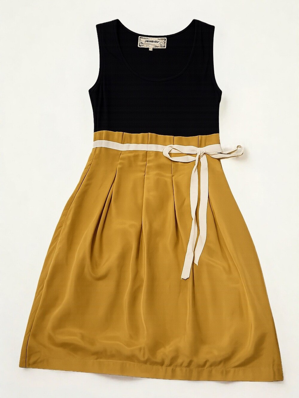 Two-Tone Black and Mustard Sleeveless Dress with Waist Tie